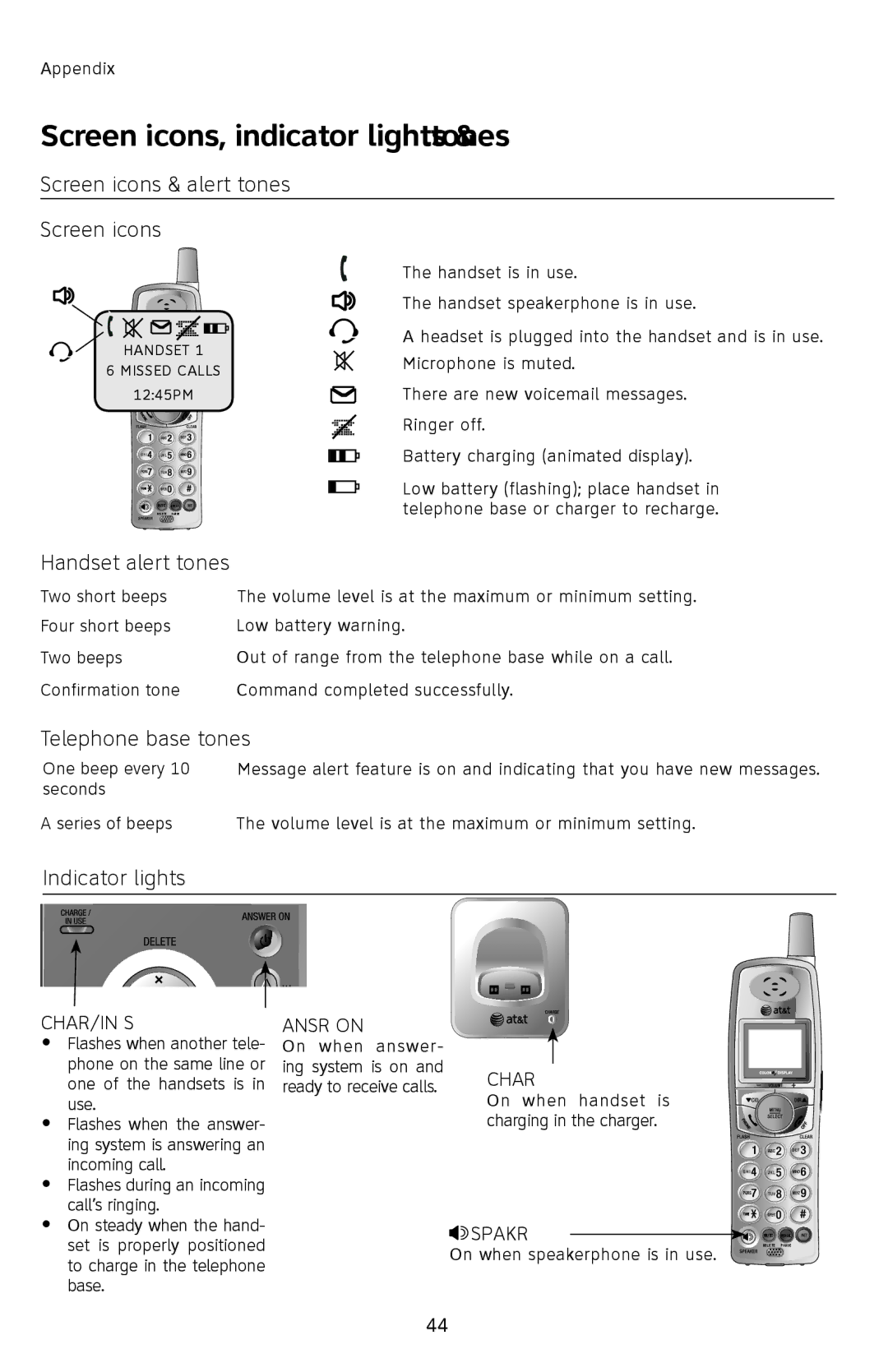 AT&T E2912 Screen icons, indicator lights & tones, Screen icons & alert tones, Handset alert tones, Telephone base tones 